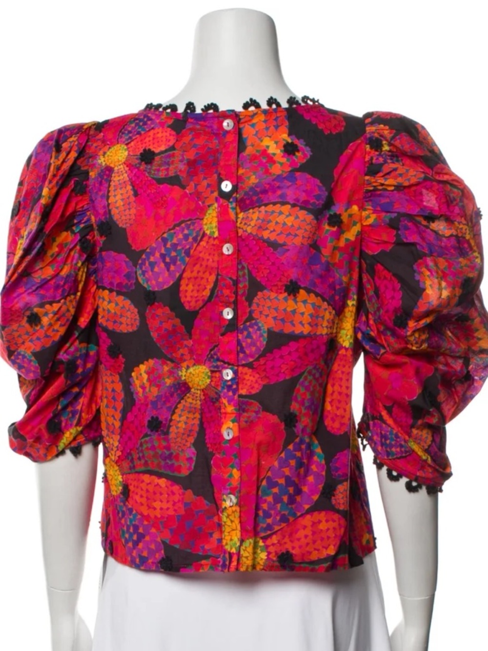 Farm Rio XS Vibrant Floral Puff-Sleeve Crop Top - Pink Multi